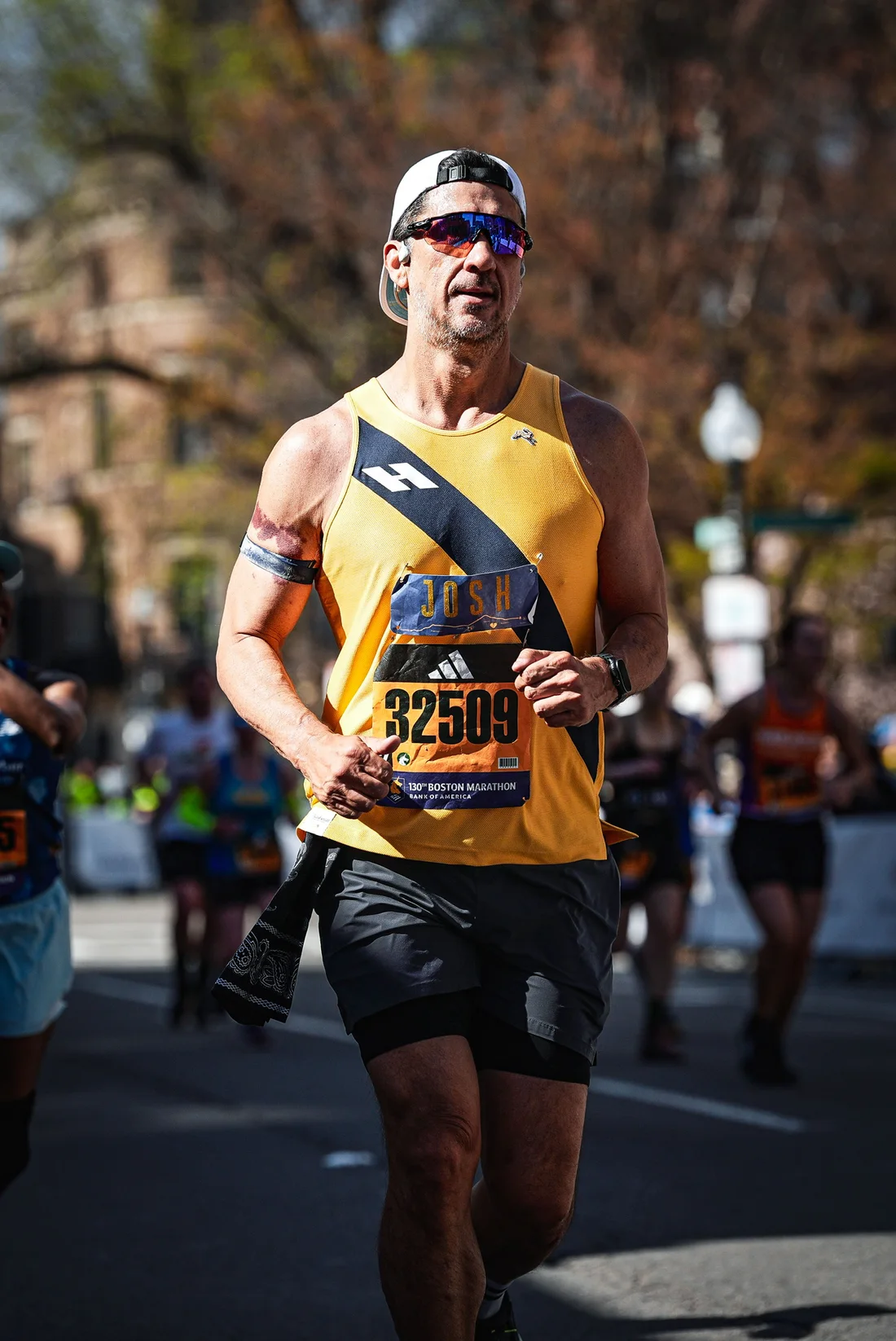 Josh focused on the road during the Boston Marathon
