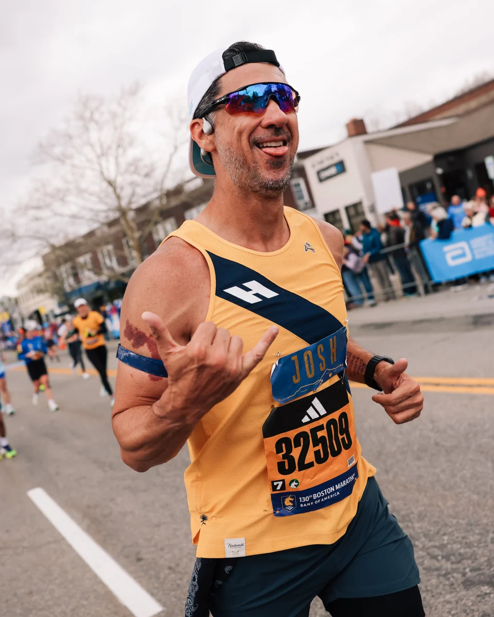 Josh smiling on the Boston Marathon course
