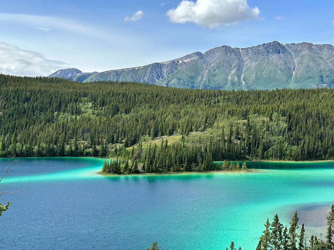 Turquoise lake and forested mountains near Carcross